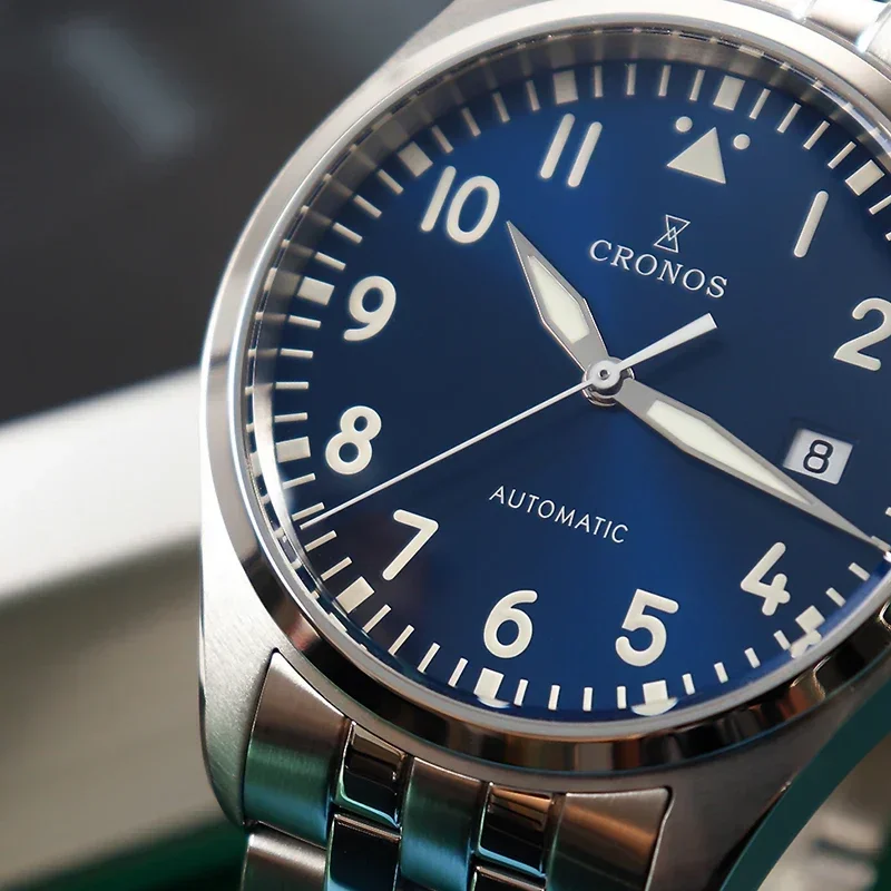 Cronos 39mm Watch For Men Pilot Flieger SW200 Movement Mechanical BGW-9 Super Lum Domed Sapphire Crystal 100M Waterproof L6012