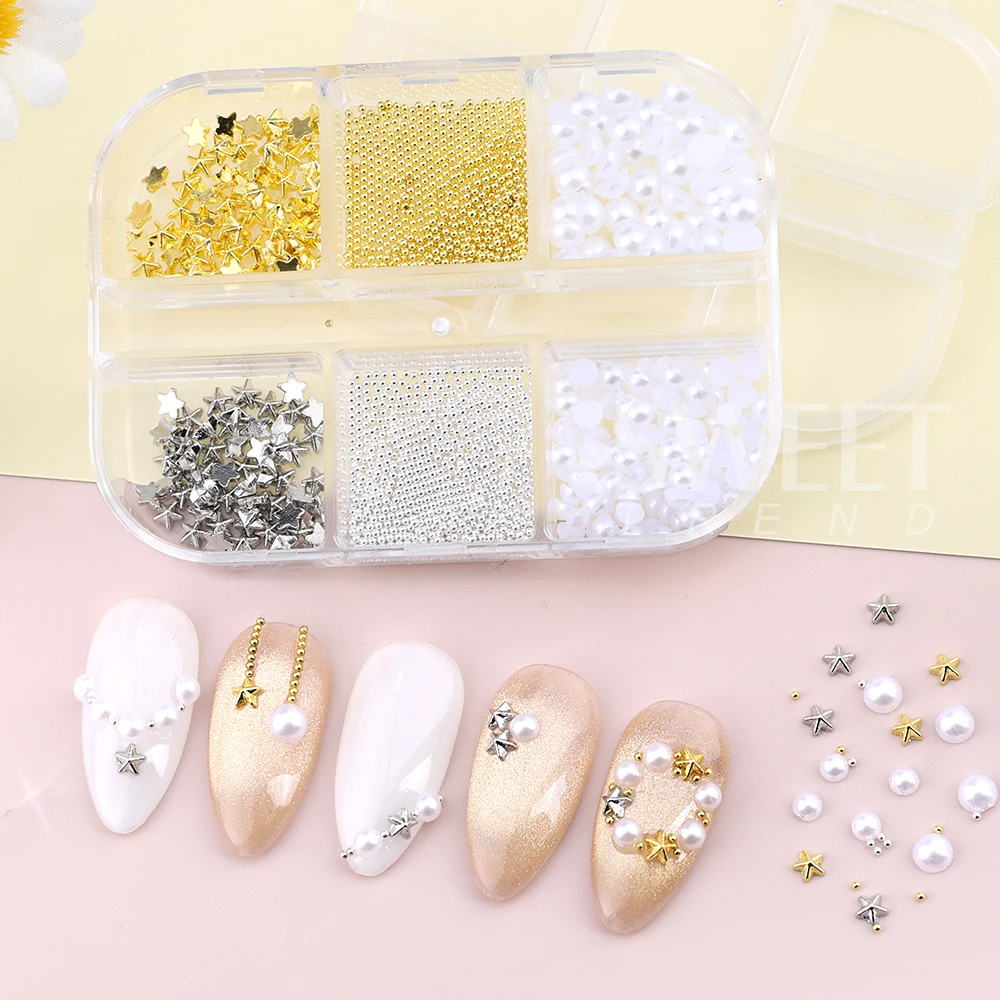 SWEET TREND-6 Grid Y2K Star Nail Art Charms Gold Silver Steel Bead Pearl Nail Parts Manicure Material Decoration Accessories DIY
