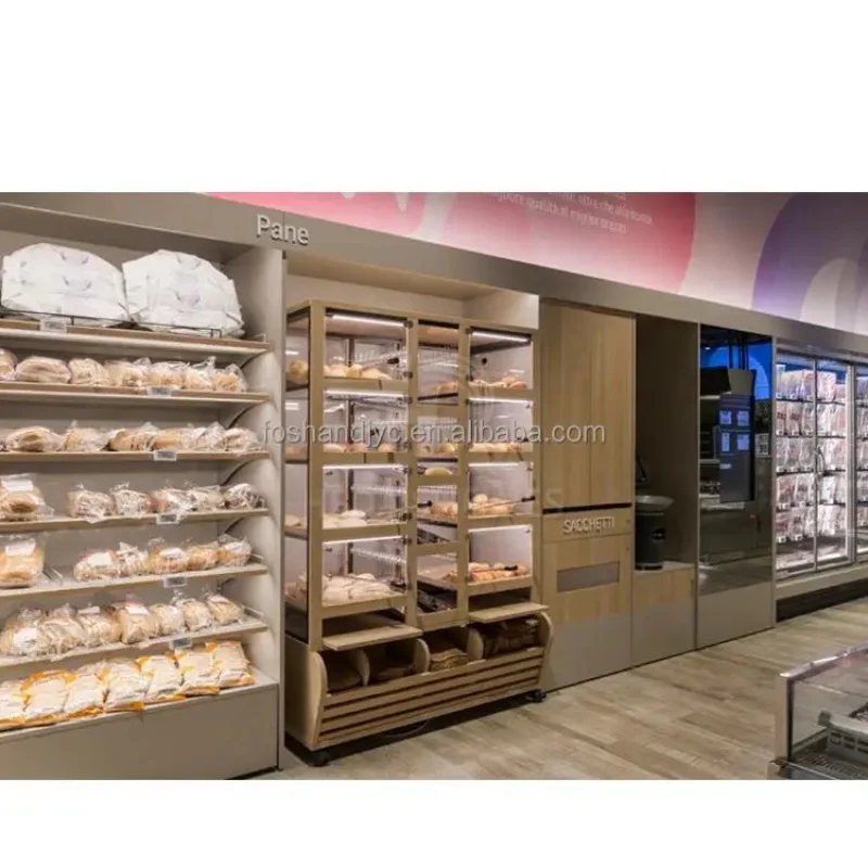custom.Bread Display Showcase Customized Bakery Interior Wood Display Island Warmer Counter Shelves Rack Basket