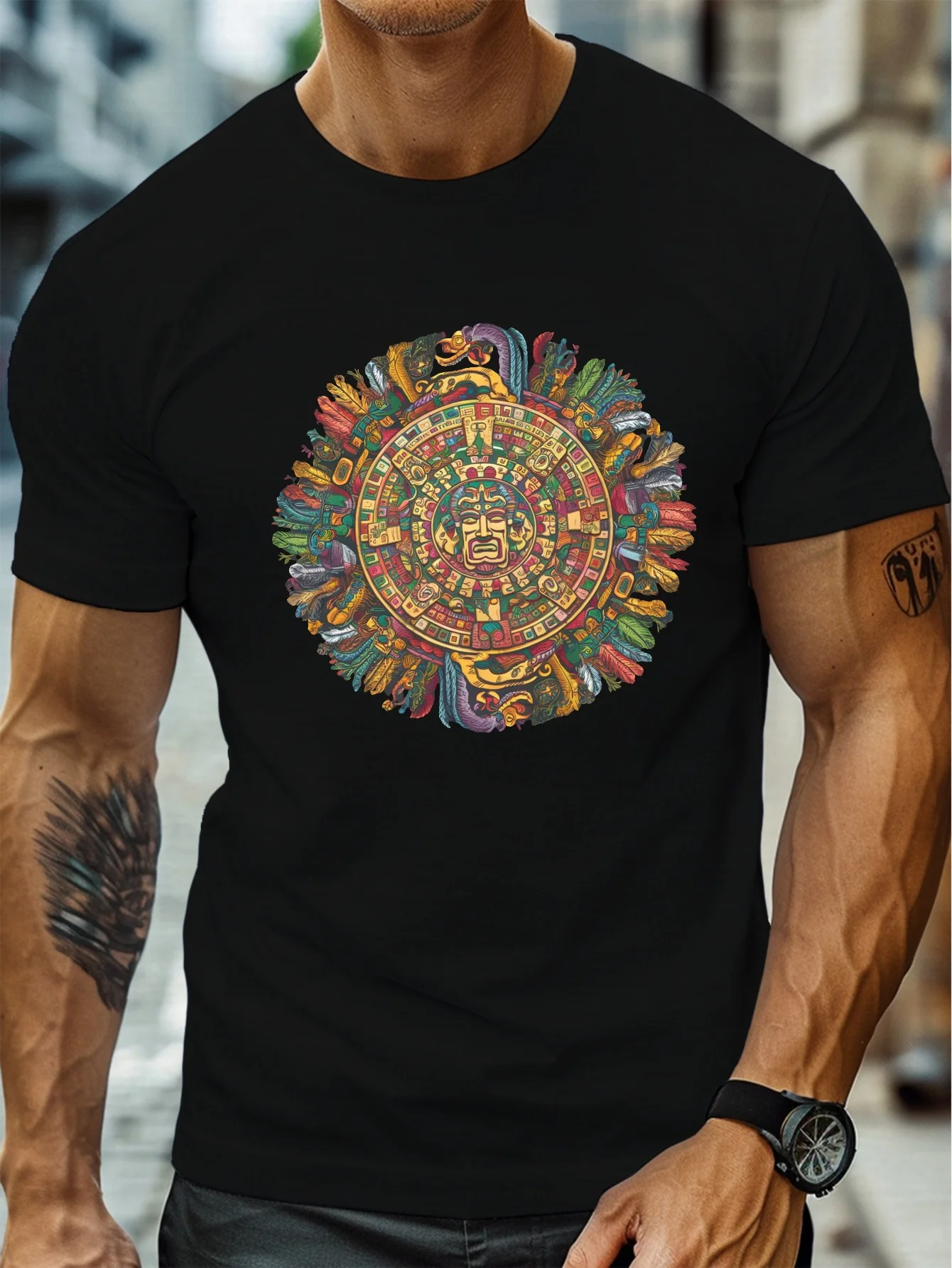 

Men'S Aztec Calendar Inspired T-Shirt, Mesoamerican Circular Motif Print, Casual Crew Neck Short Sleeve Tee
