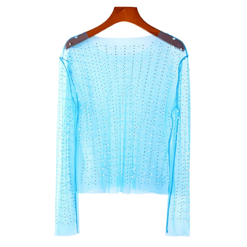Damen Strass-Transparent-Netz-Top Funkelndes Perlen-Transparent-T-Shirt Bluse Sexy Clubwear Party Festival Rave Konzert Y2K Outfits – Detail 13