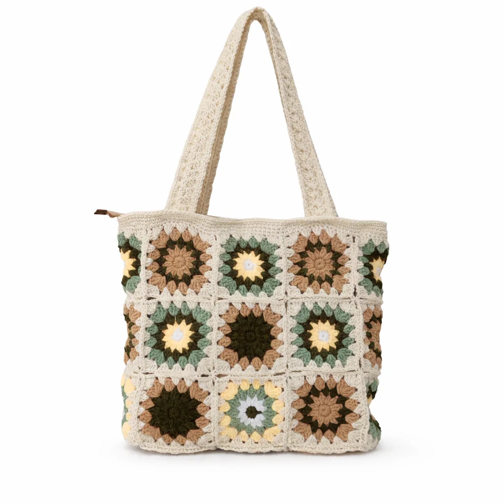 Boho Granny Square Crochet Shoulder Bag for Women – Handmade Cotton Tote with Zipper & Lining, Large Capacity Laptop Bag