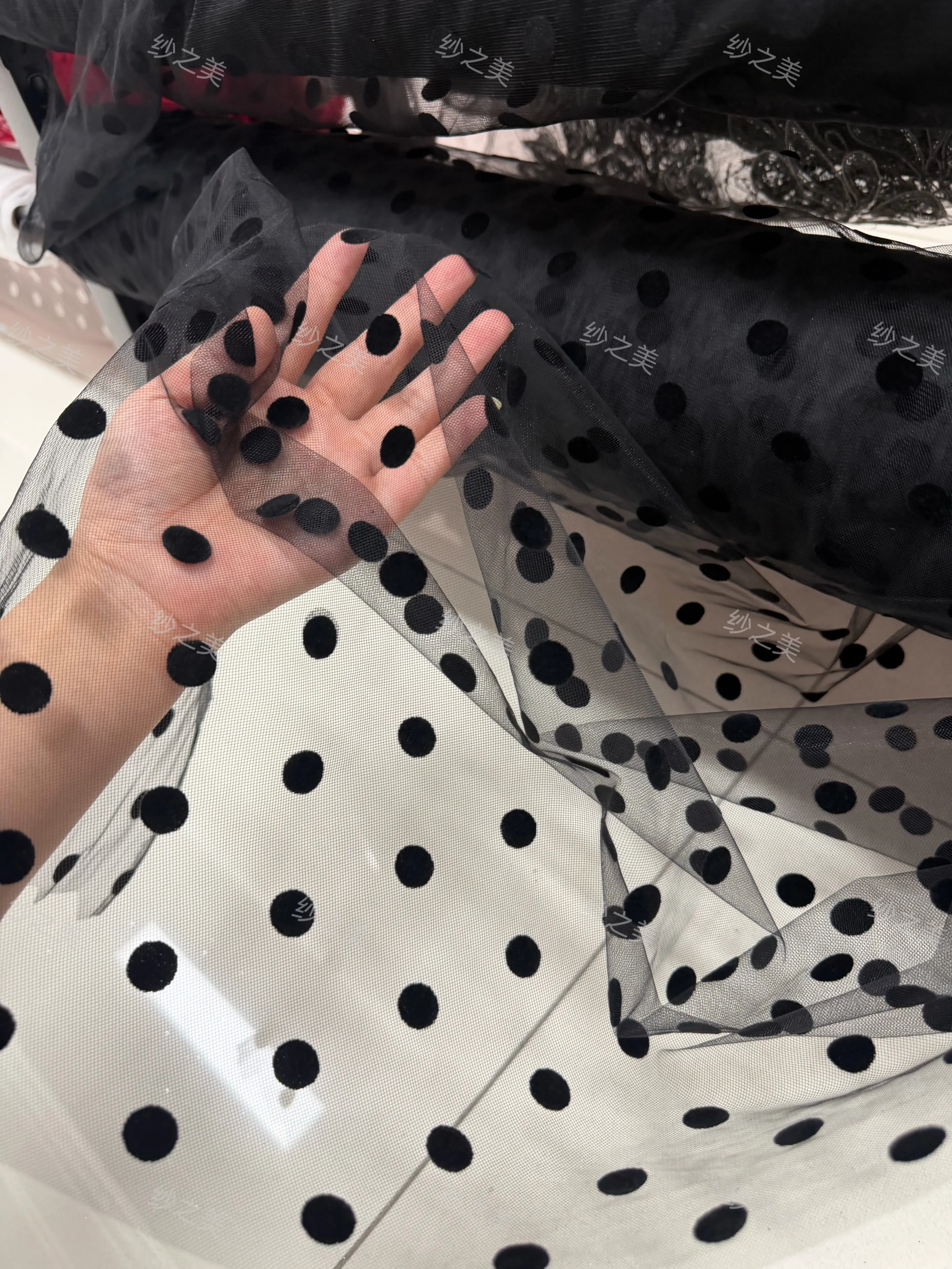 Black Big Polka Dot Flocking Mesh Cloth Fabric Draping for Wedding Festival Decorations Arrangement Lace Gown Fabric