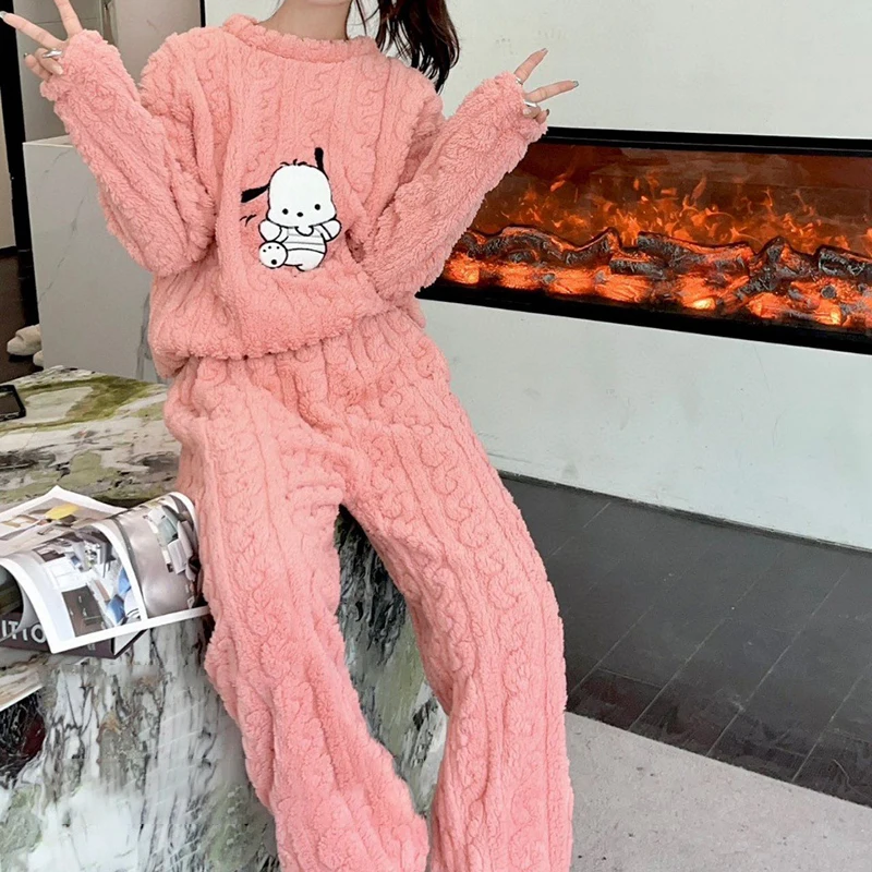 Female Pink Velvet Pajamas Set Thicken Coral Fleece Trouser Suit Sleepwear Winter New Warm Nightwear Lounge Wear Loose Homewear