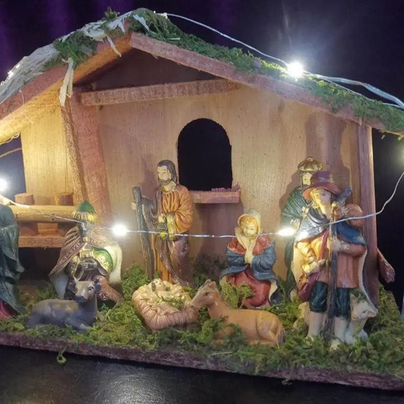 Nativity Figures Resin Nativity Jesus Manger Christmas Crib Ornament Church Xmas Gift Home Decoration with LED Light