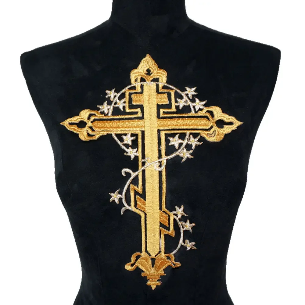 28CM Gold Cross Stars Embroidered Patches Sew Iron On Badges Punk Gothic For Clothes DIY Appliques Craft Decoration