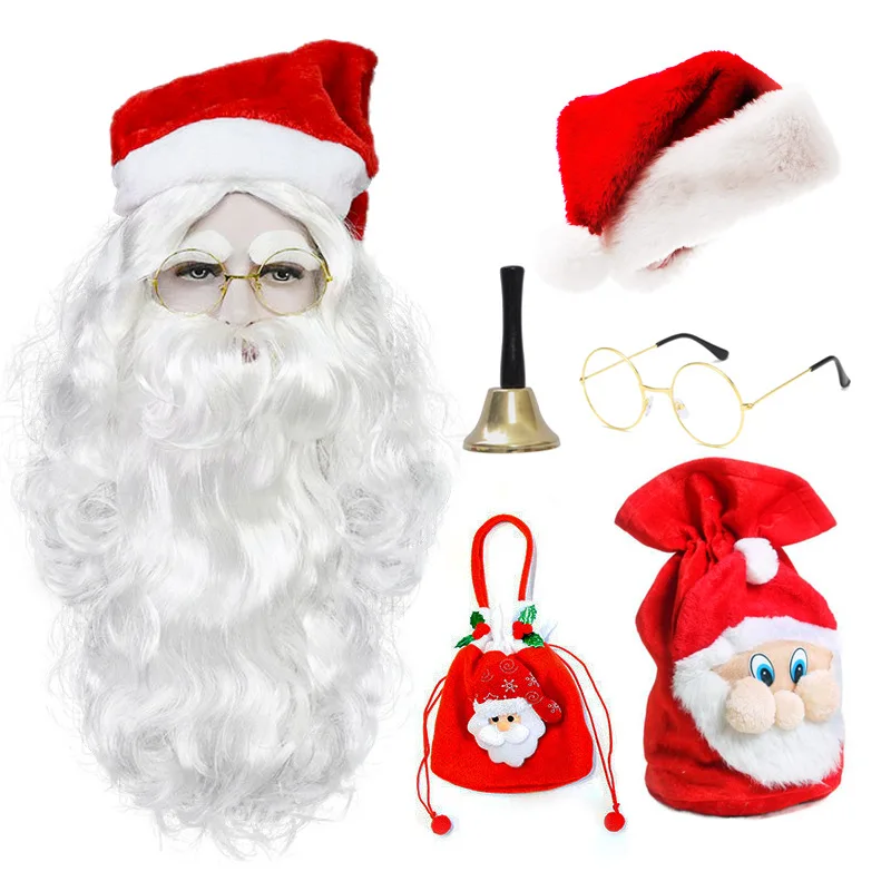 Christmas Cosplay Santa Claus Disguise Wig Beard Hat Set Candy Gift Bag Xmas Performance Dress Up Prop Carnival Party Roleplay