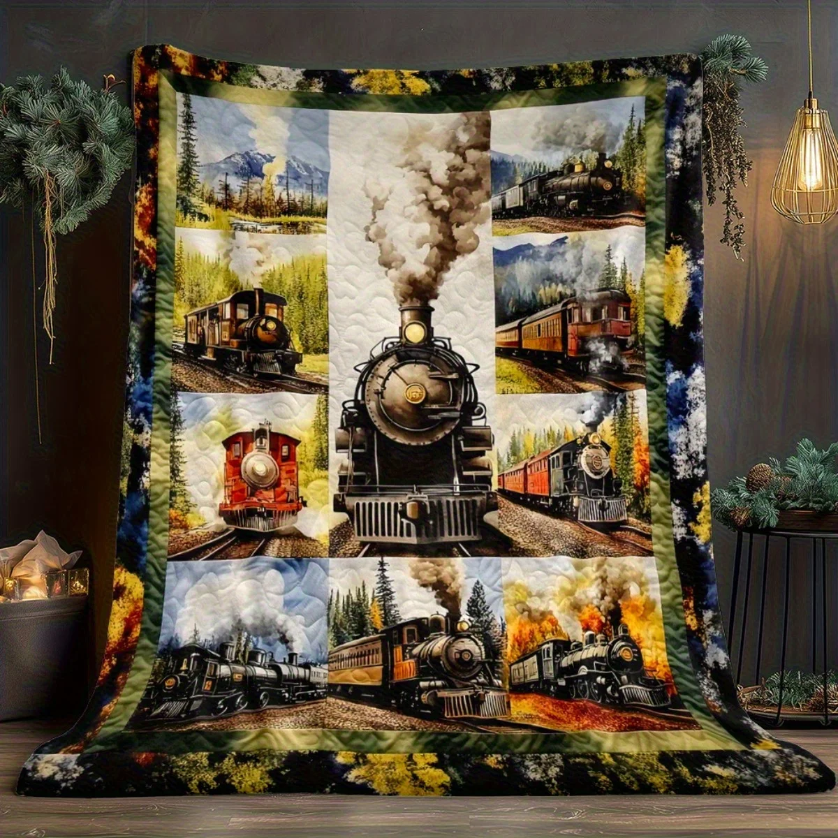 Personalized Train Blanket Vintage Locomotive Art Soft Fleece Throw Gift Home Decor Railroad Theme