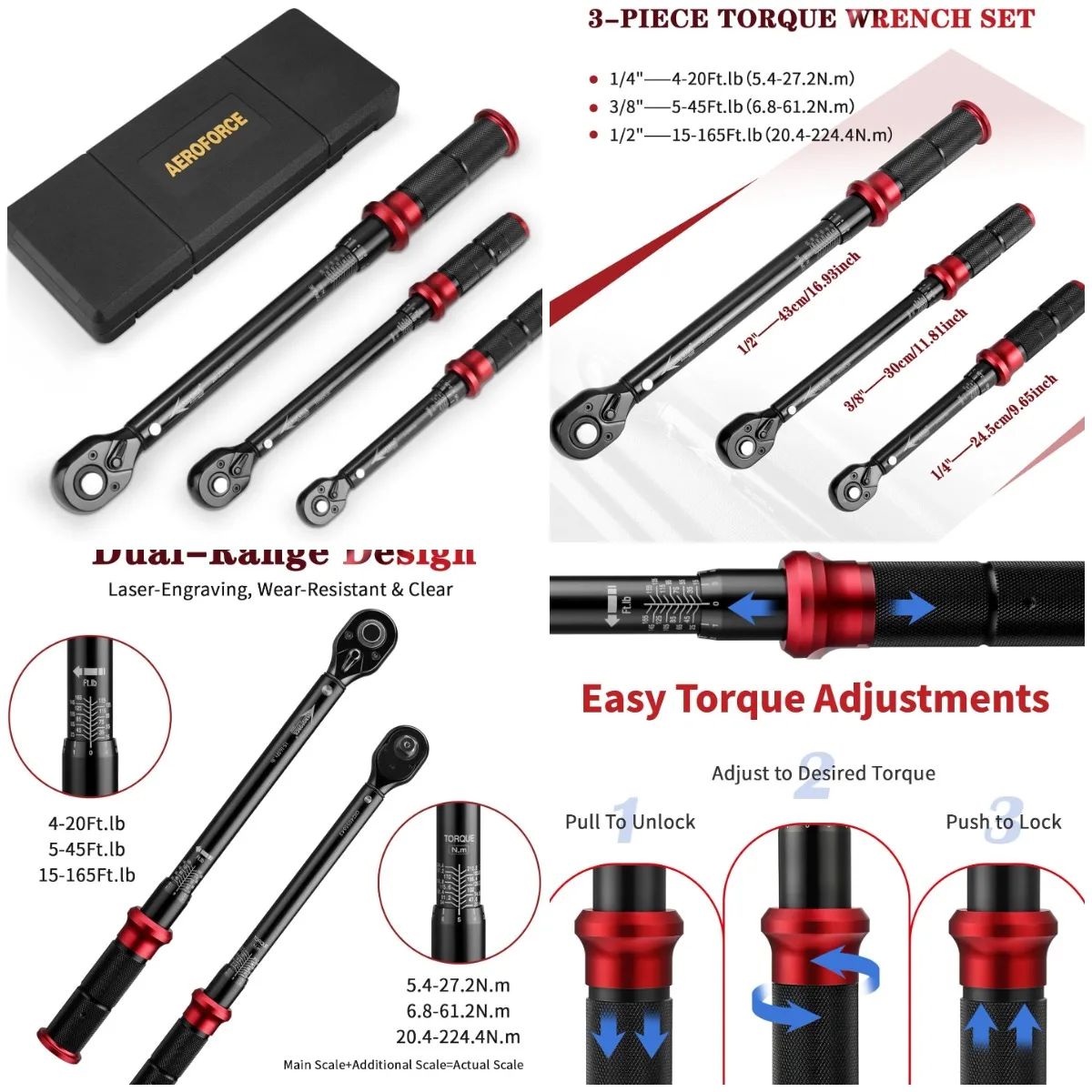

AEROFORCE 1/4', 3/8', 1/2' Drive Click Torque Wrench Set, 3Pcs 4-20, 5-45, 15-165 Ft.lb, 72-Tooth Dual Scale for Bike, Moto, Car