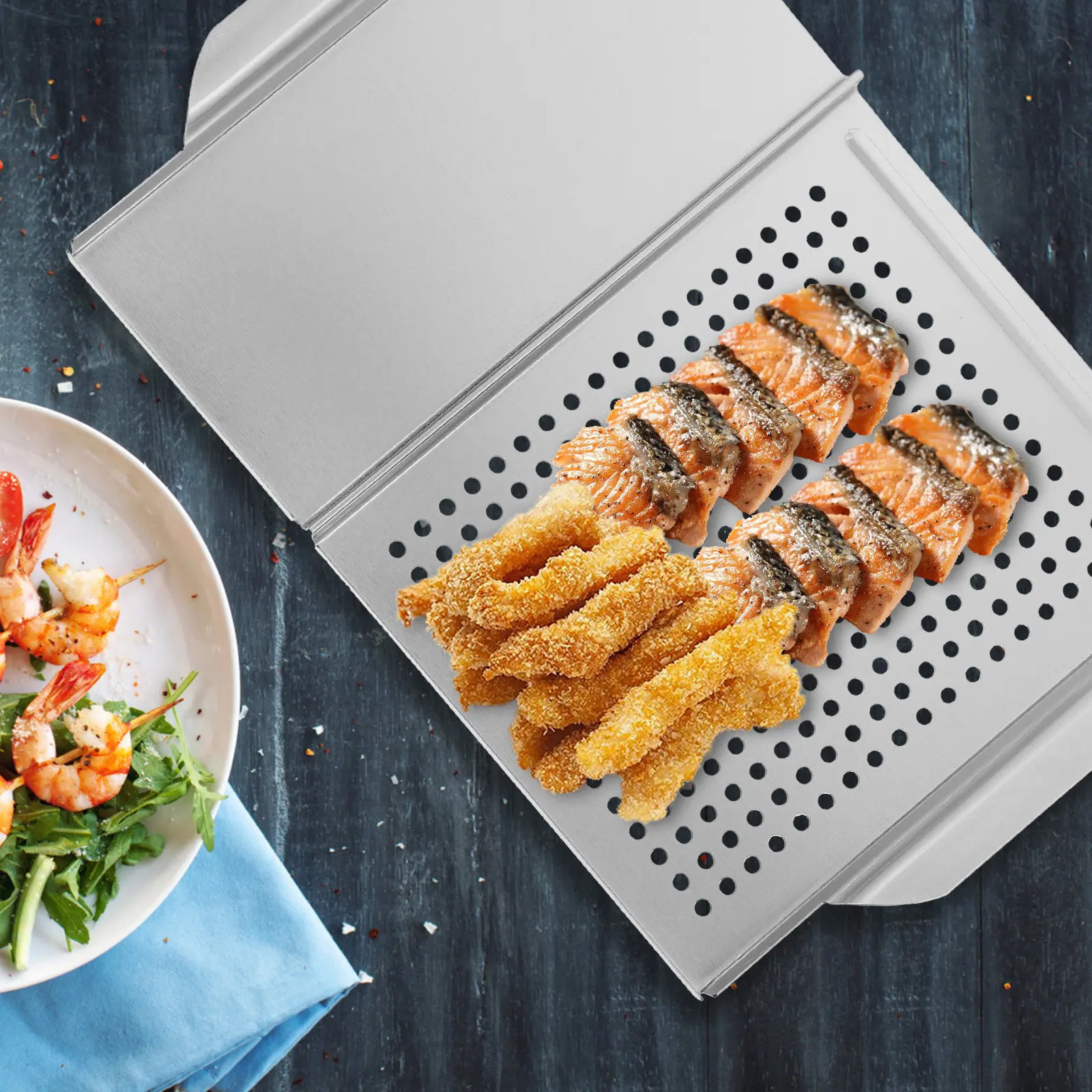 

Non-Stick Stainless Steel Square Barbecue Grill Plate Dual Handle Design Lightweight for Home Outdoor Camping Vegetable Fish