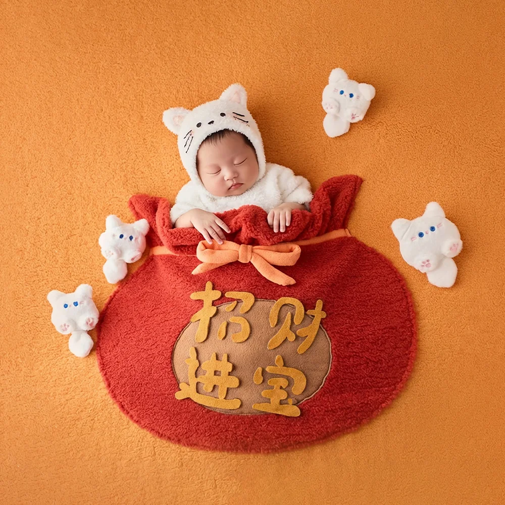 Newborn Photography Props Cute Fluffy Cat Costume Decorative Dolls Fortune Bag Style Pocket Blanket Studio Lucky Theme Shooting