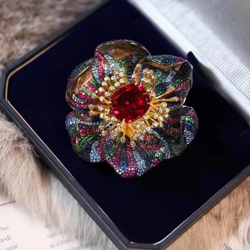 Luxury Colorful Flower Brooch For Women Fine Jewelry  Wedding Party 925Sterling Silver With Cubic Zircon Free Shipping