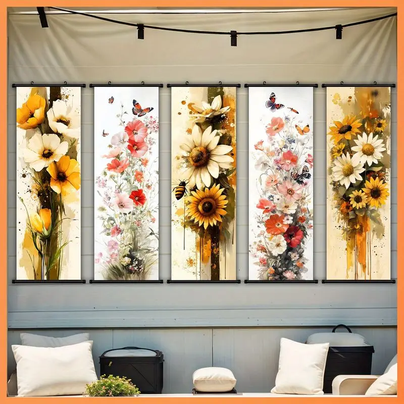 VIKAMA 5 Pcs Watercolor Sunflower Floral Wall Scroll Tapestry Butterfly Bee Poster Hanger Vertical Art for Living Bedroom Decor