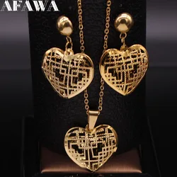 2024 Fashion Heart Stainless Steel Jewelry Set for Women Hollow Small Gold Color Earring Necklace Sets set de joyas S1537S01