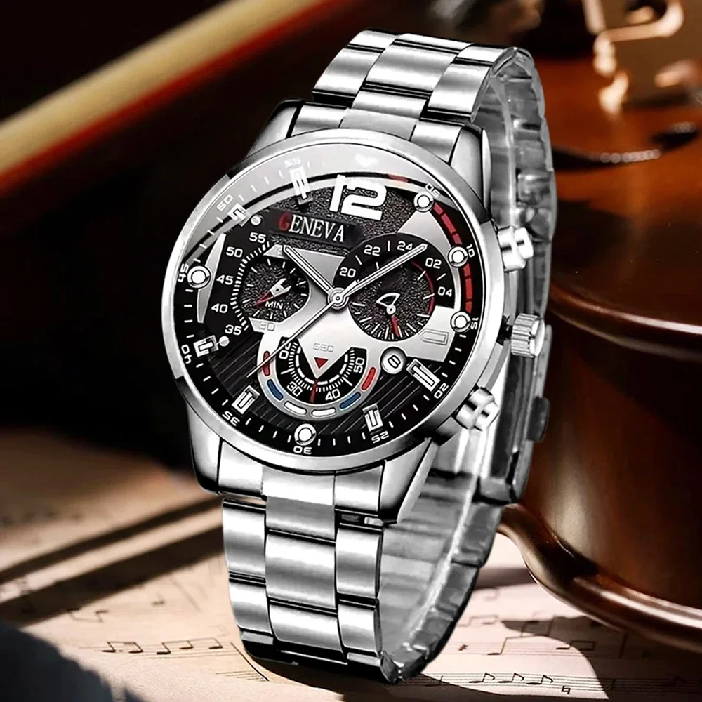 AAA4Pcs Mixed Style Geneva Men Chronograph Watch Set Alloy Metal & Leather Strap Black Roman Dial Quartz Wristwatch
