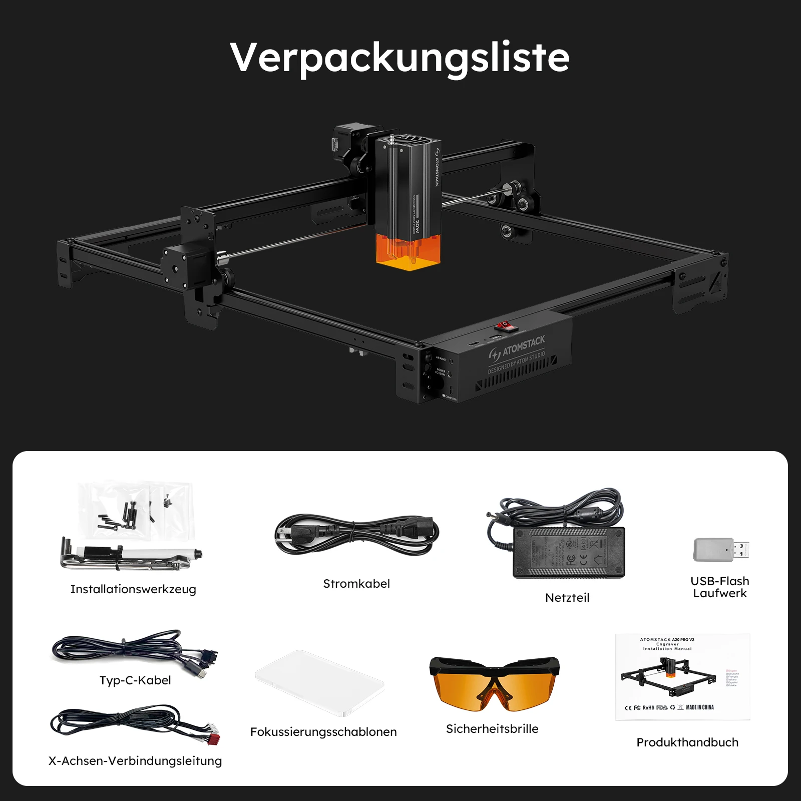 ماكينة النقش بالليزر Atomstack A20 Pro V2 بقدرة 20 وات قاطعة رباعية بالليزر معدنية من خشب الأكريليك والزجاج 400*365 مللي متر C4 Pro A5 V2