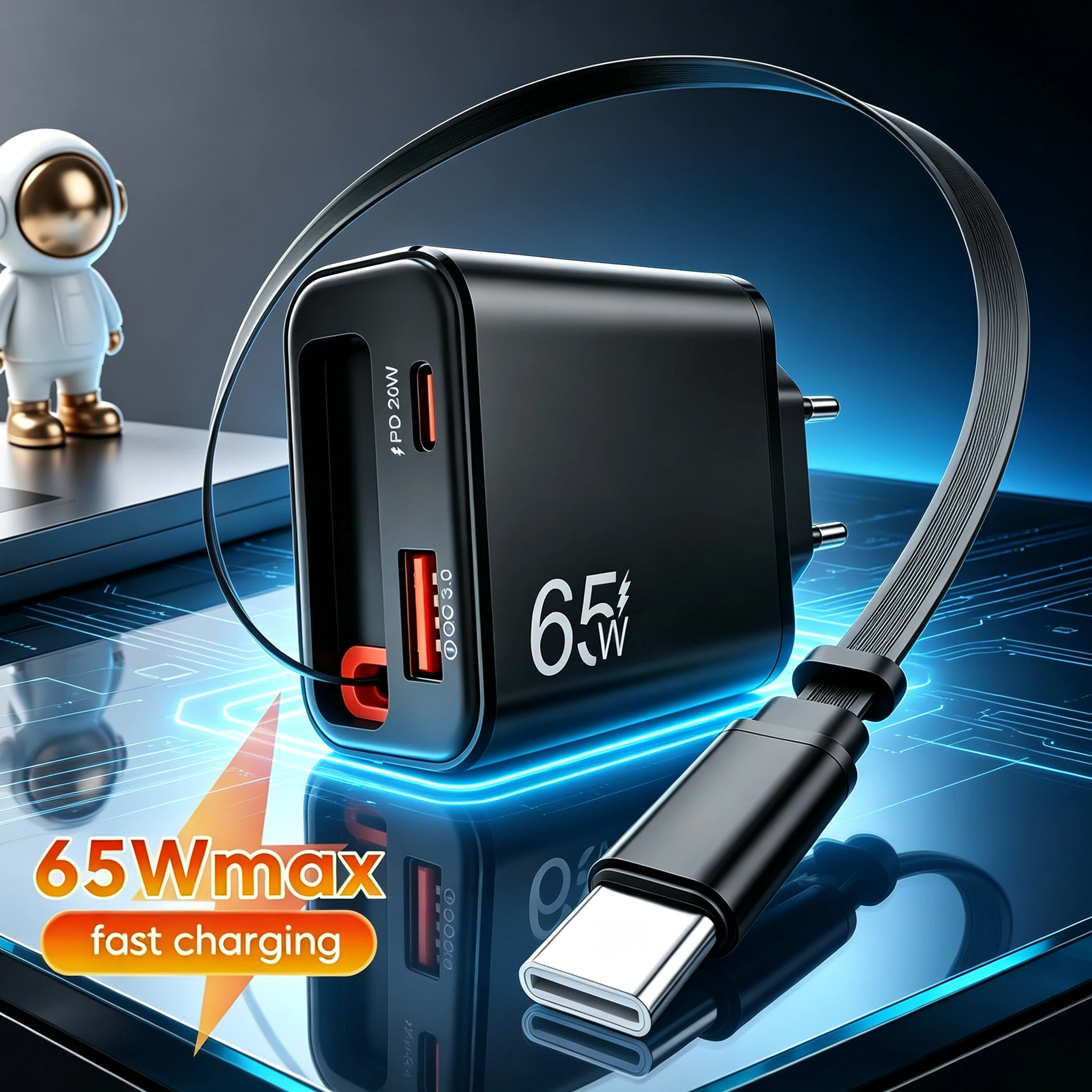 65W USB Phone Charger With Retractable Super Fast Charging Type C Cable For iPhone 17 16 POCO Xiaomi QC 3.0 USB PD Wall Charger