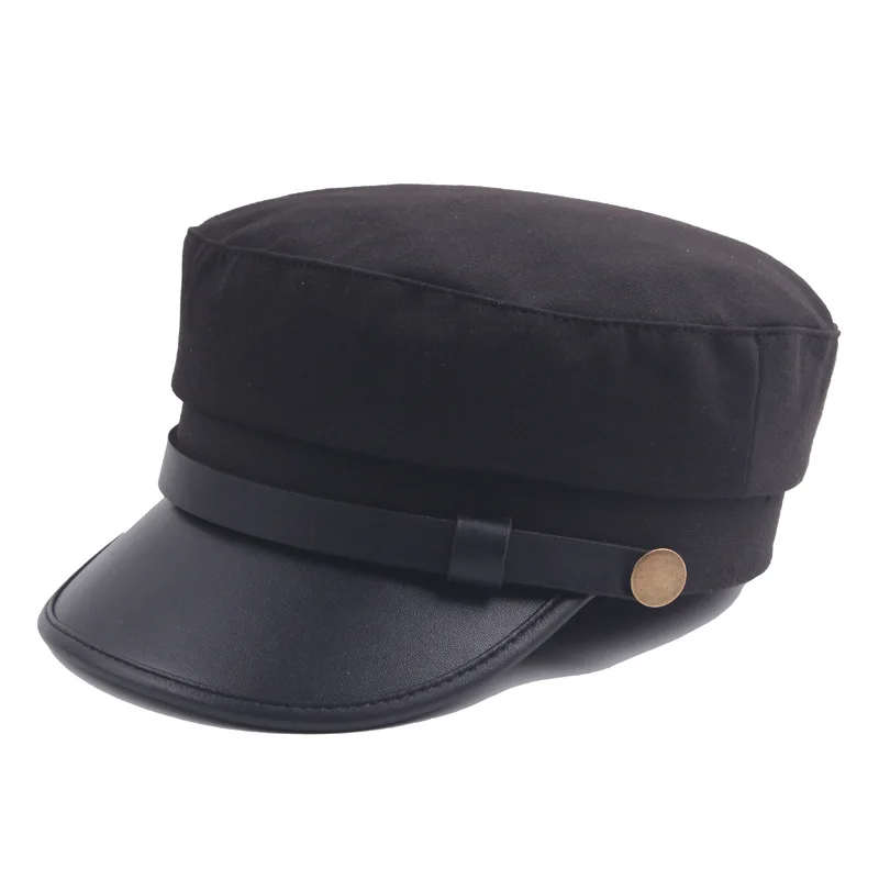 

Military Cap Men Pu Leather Brim Flat Top Navy Cap Women Casual Trendy Beret Men's Hats For Casual Vintage Autumn Winter