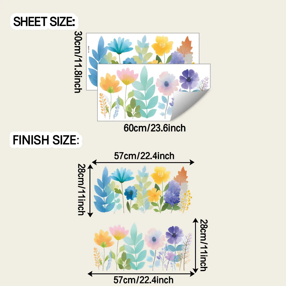 2pcs Painted dreamy little flowers and leaves for the living room home background, glass window beautification stickers