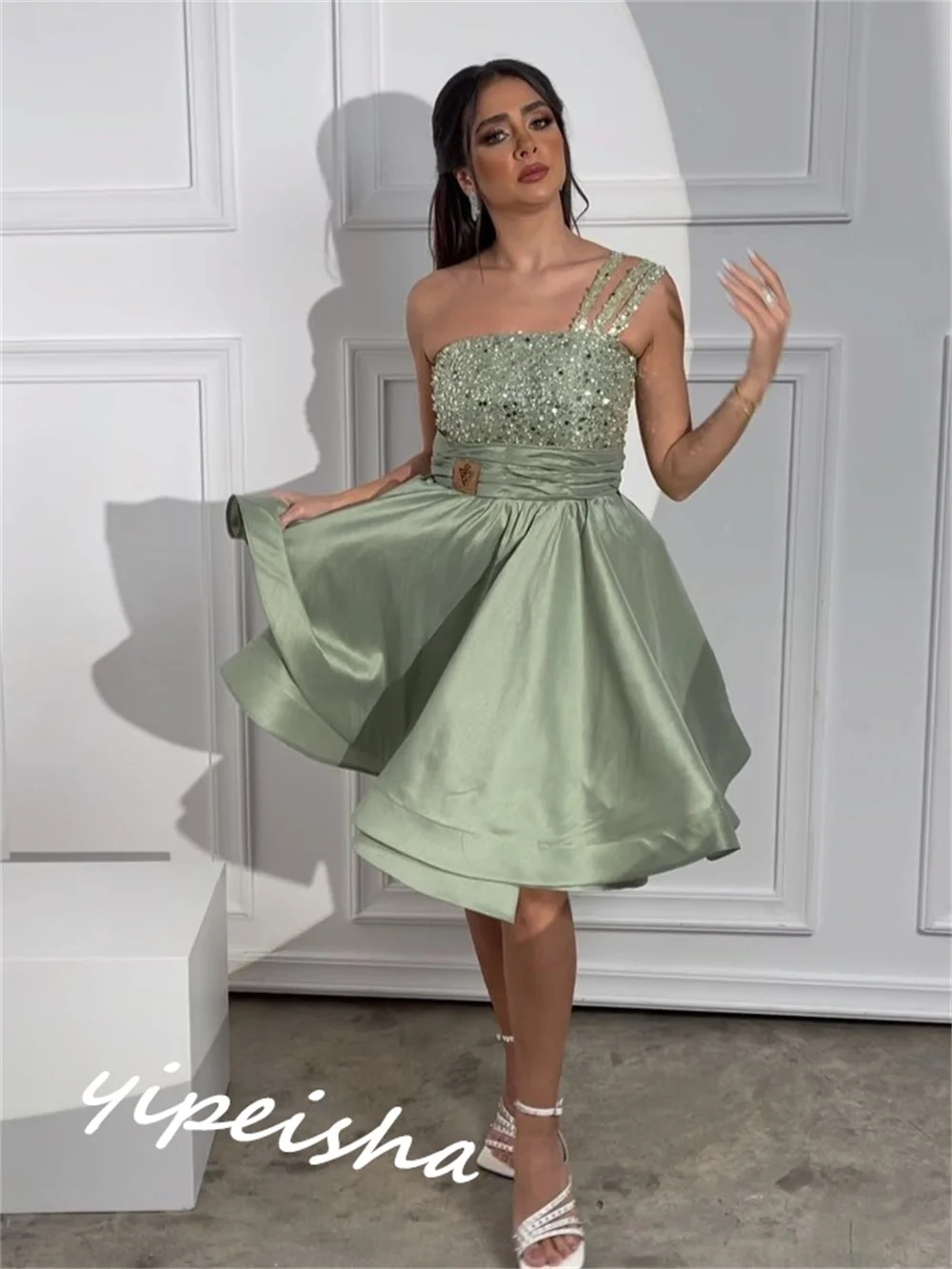 Vestido de baile de un hombro hasta la rodilla para mujer, vestidos de cóctel de satén con lentejuelas, ocasión Formal, abiti, ocasión Formal, formali