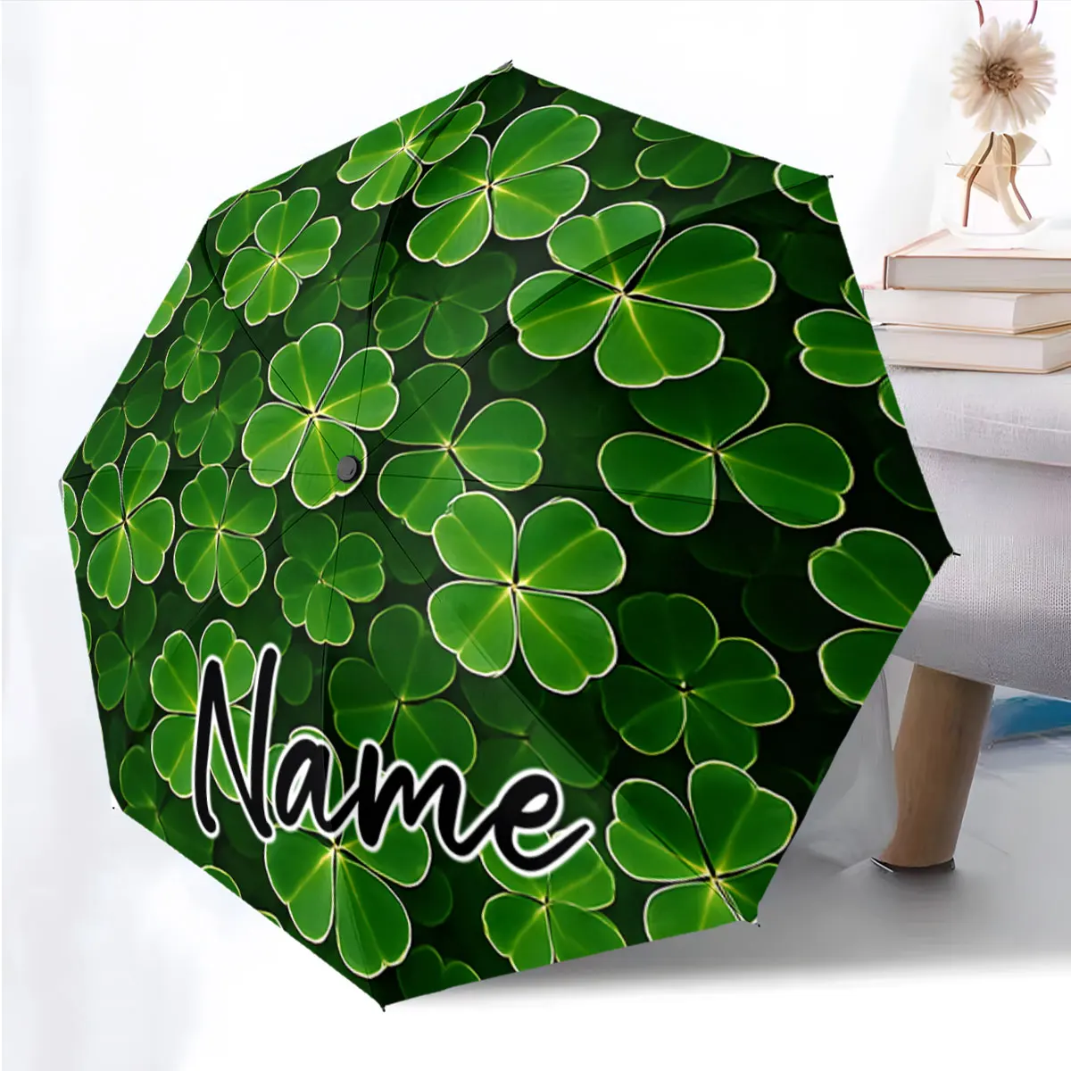 Custom Name Lucky Clover Umbrella with Personalized Design Print 8 Iron Ribs Folding Umbrella Auto-Open Fashion Sunshade