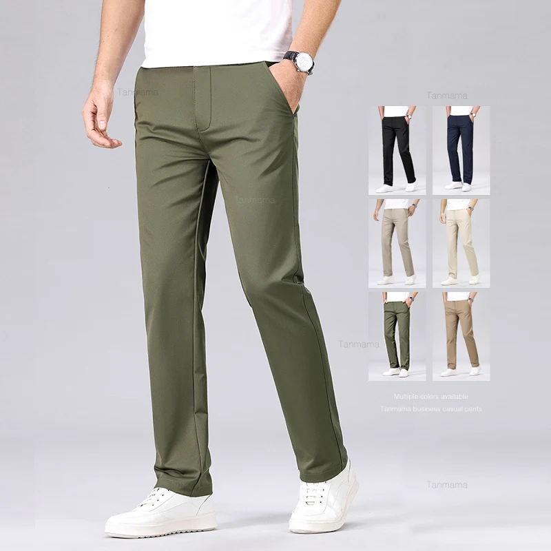 Spring Men's No-iron Casual Pants Classic Solid Color Ice Silk Fabric Drape Formal Business Straight Trousers Beige Armygreen