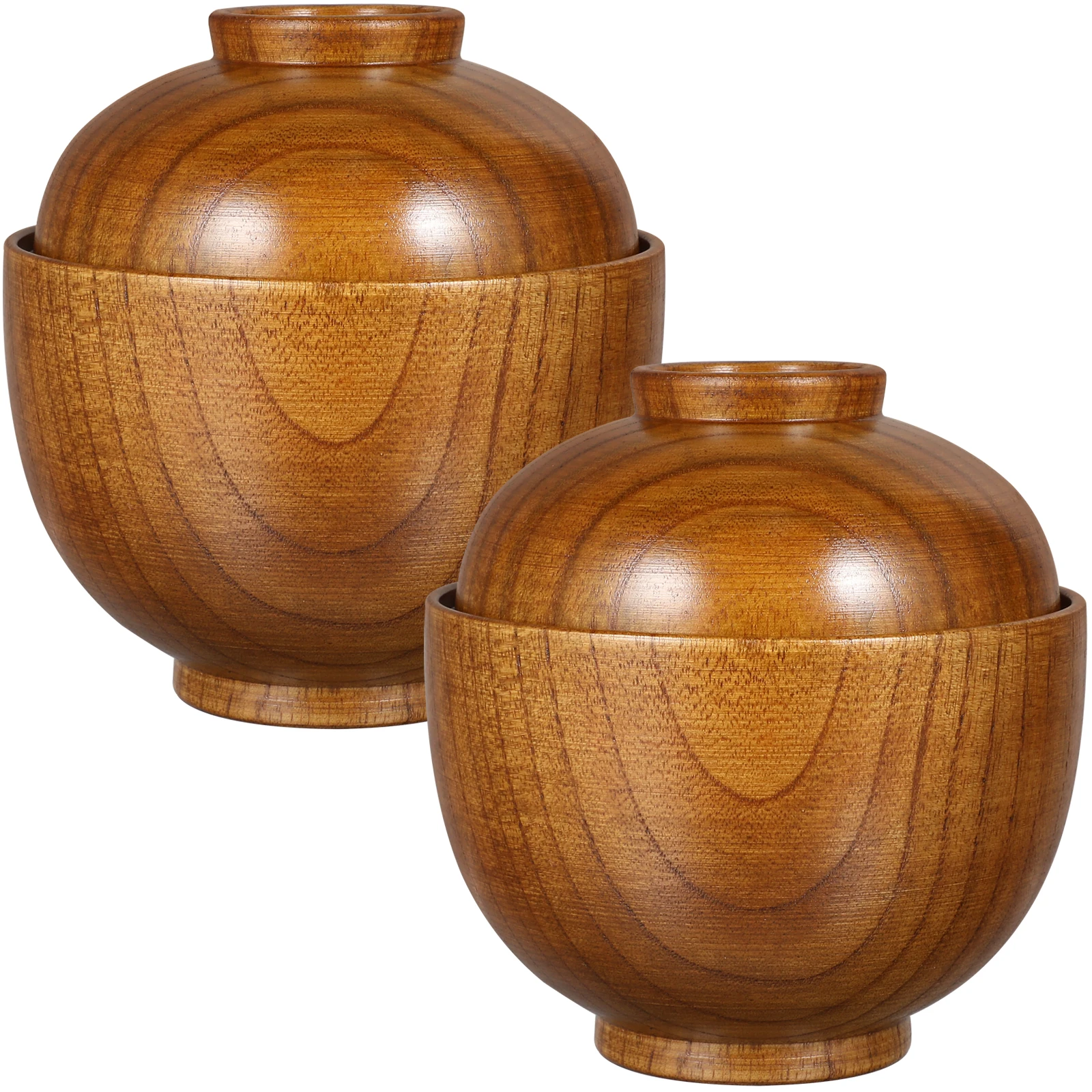 

2pcs Wooden Bowls with Lid Lightweight Anti Scald Soup Rice Bowl Kitchen Dining Set for Home Japanese Restaurant Use