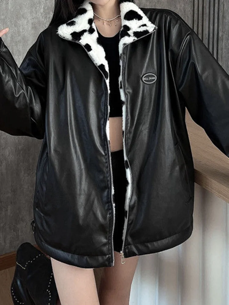 Mulheres reversível retro jaqueta de couro do plutônio grosso quente amor casaco casual streetwear moda outono inverno novas roupas femininas