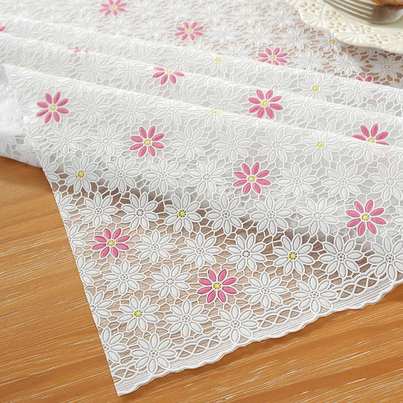 PVC Lace Tablecloth Waterproof Washable and Erasable Table Linen Tea Table Cloth Rectangular Table Cover Whitepink