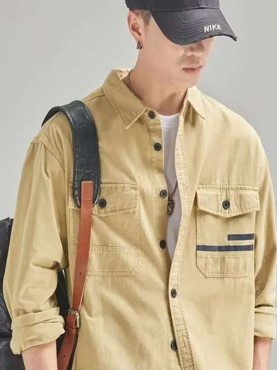 

American Sle Retro Workwear irt Men's Long Sve Loose Casual Pure Cotton irt Jaet Youth Wear Resistant Regular Thic...