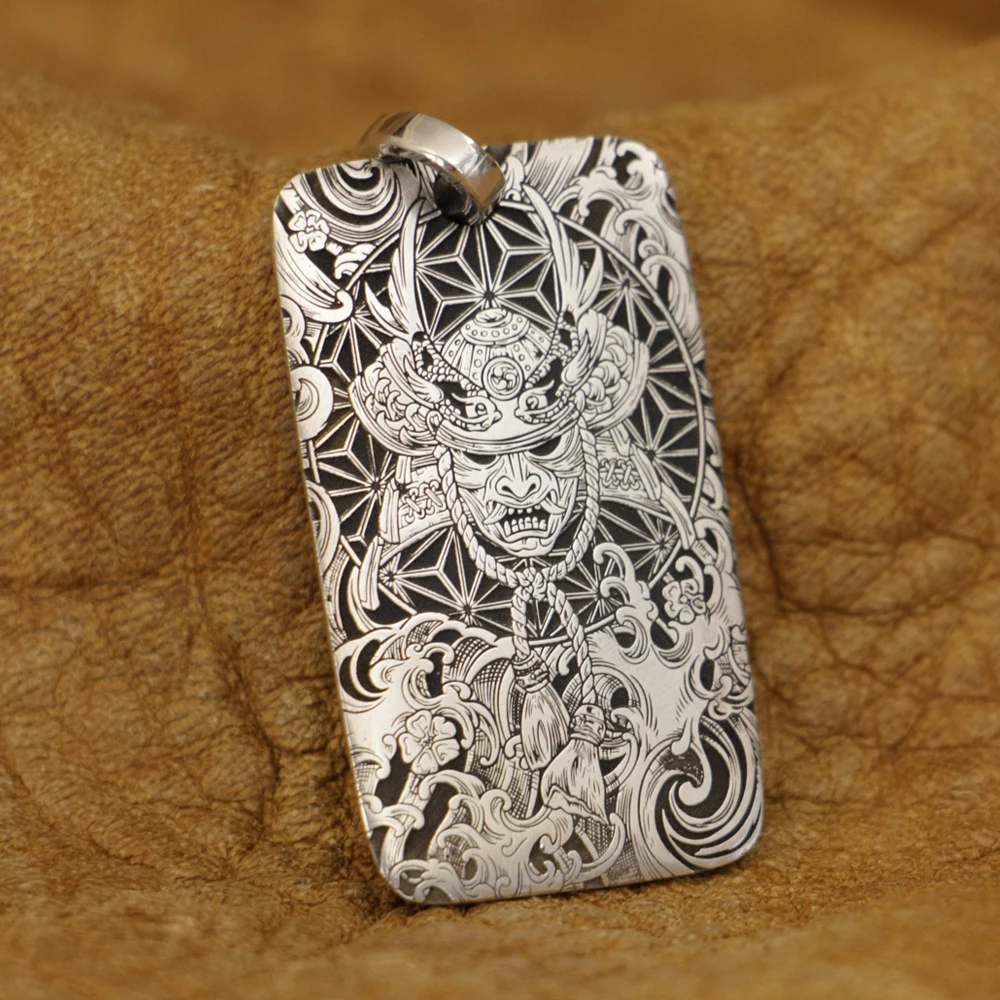 

2 Sides Engraving 925 Sterling Silver Japanese Samurai Punk Pendant Size 20x35mm 9X054