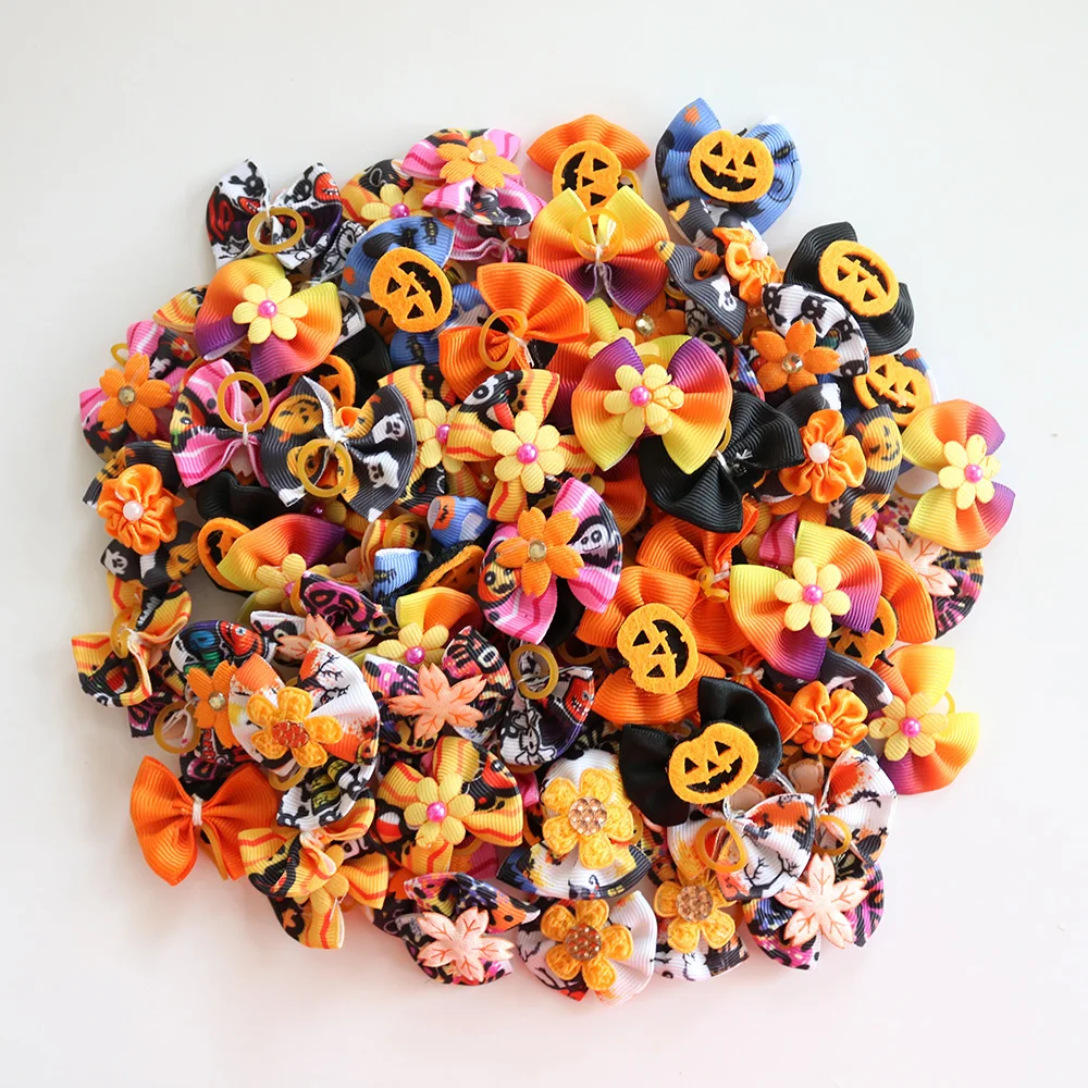 50PCS  Fall Dog Hair Bows Pumpkin Skull Bows For Small Dog Cat Grooming Bows Halloween Pet Dog Hair Accessories Dog Supplies