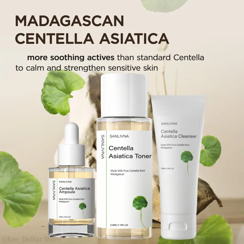 

Корейский набор для ухода за кожей: ампула с центеллой, увлажняющий тоник и нежное пенящееся средство для умывания, сыворотка против старения. Оригинальные продукты для ухода за кожей.