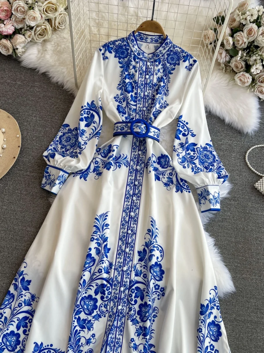 

Autumn Spring Vintage Court Sle Lantern Long Sve Stand Collar Waist Cinched Single Button A-Line Porcelain Print Dr