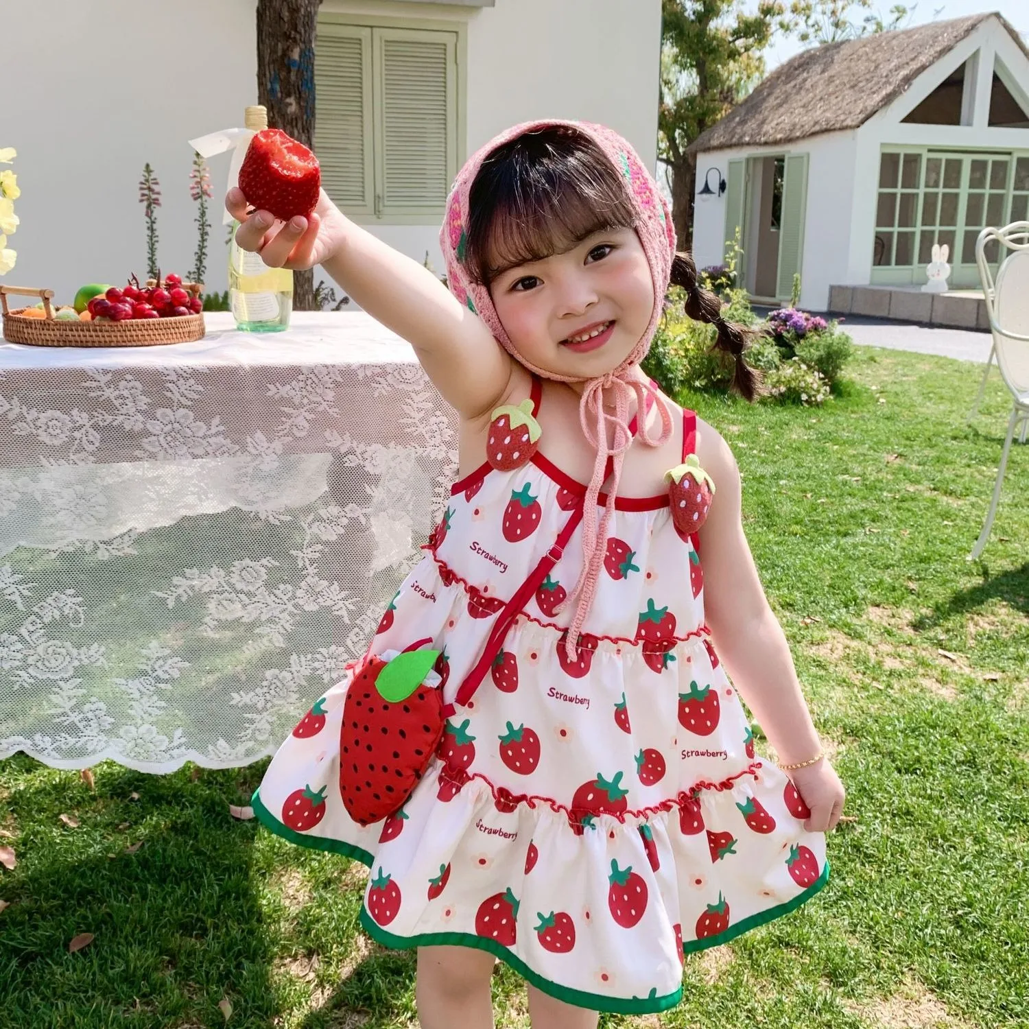 Korean Style Baby Girl Dress Summer Sweet Strawberry Print Cotton Suspender Dress for Kids Girl Beach Travel Dress