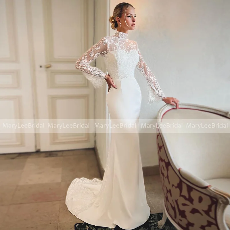 

Sheer High Neck Mermaid Lace Wedding Dress with Long Sleeves Ivory Trumpet Spring Bridal Gown Made to Measure Vestidos De Novia