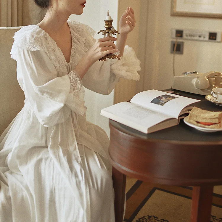 Women 100% Cotton Spring Autumn Elegant Long Sleeve 2 Pieces Nightgown Palace Court Style Retro Nightdress Morning Gown Robe Set