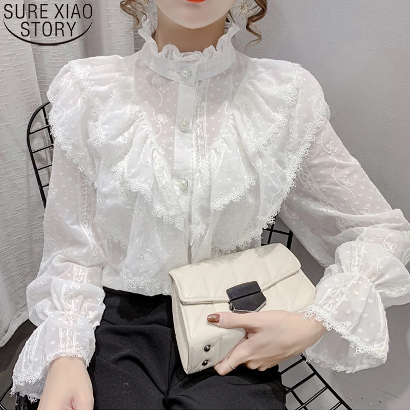 Elegant Lace Blouse women Long Sleeve Loose Shirts Fashion Ruffle Stitching Korean Style Stand Collar Pleated Top Blusas 15832