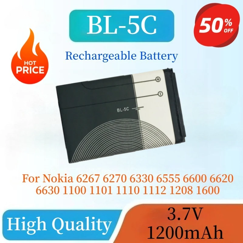 

New BL-5C 3.7V 1200mAh 4.44Wh Lithium Li-ion Battery For Nokia 6267 6270 6330 6555 6600 6620 6630 1100 1101 1110 1112 1208 BL5C