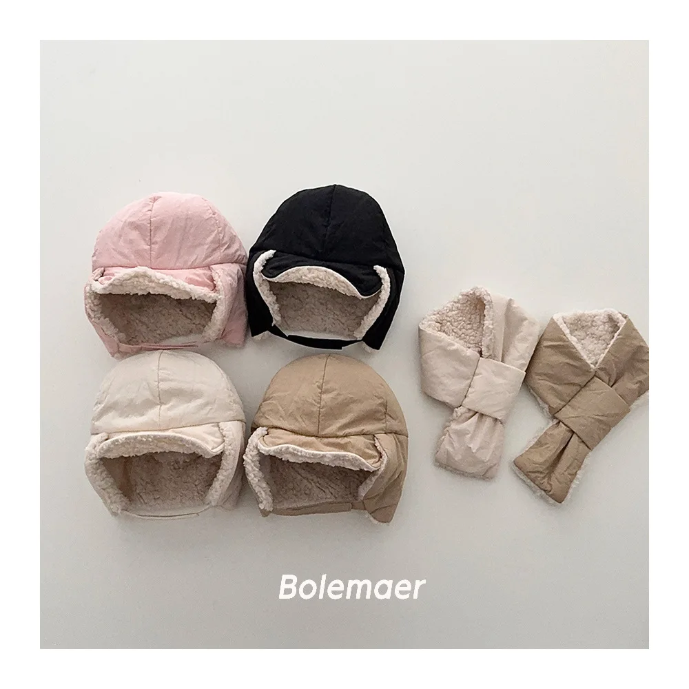 Winter Thickened Plush Kids Hats with Scarf Set 2pcs Winter Children's Hat Ear Neck Protection Hat Scarf Set Kids Accessories