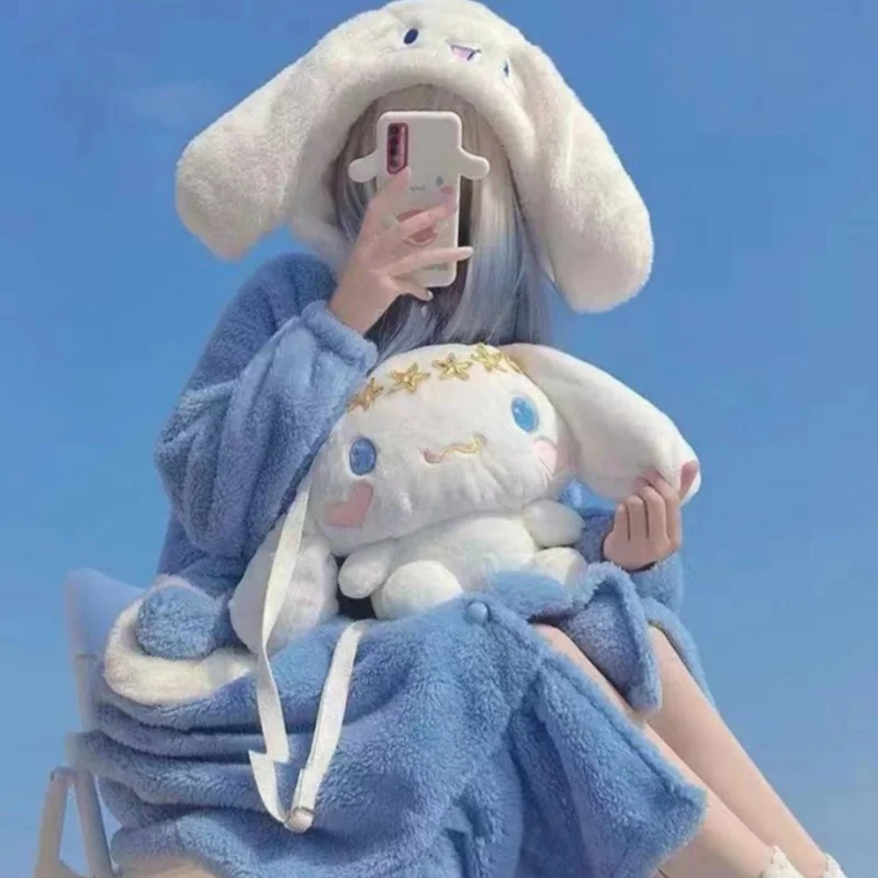 Sanrio Pajamas Cinnamoroll Sleeping Robe Women Winter Coral Velvet Thickened Velvet Outer Sleeping Skirt Xxl Long Home Sleepwear