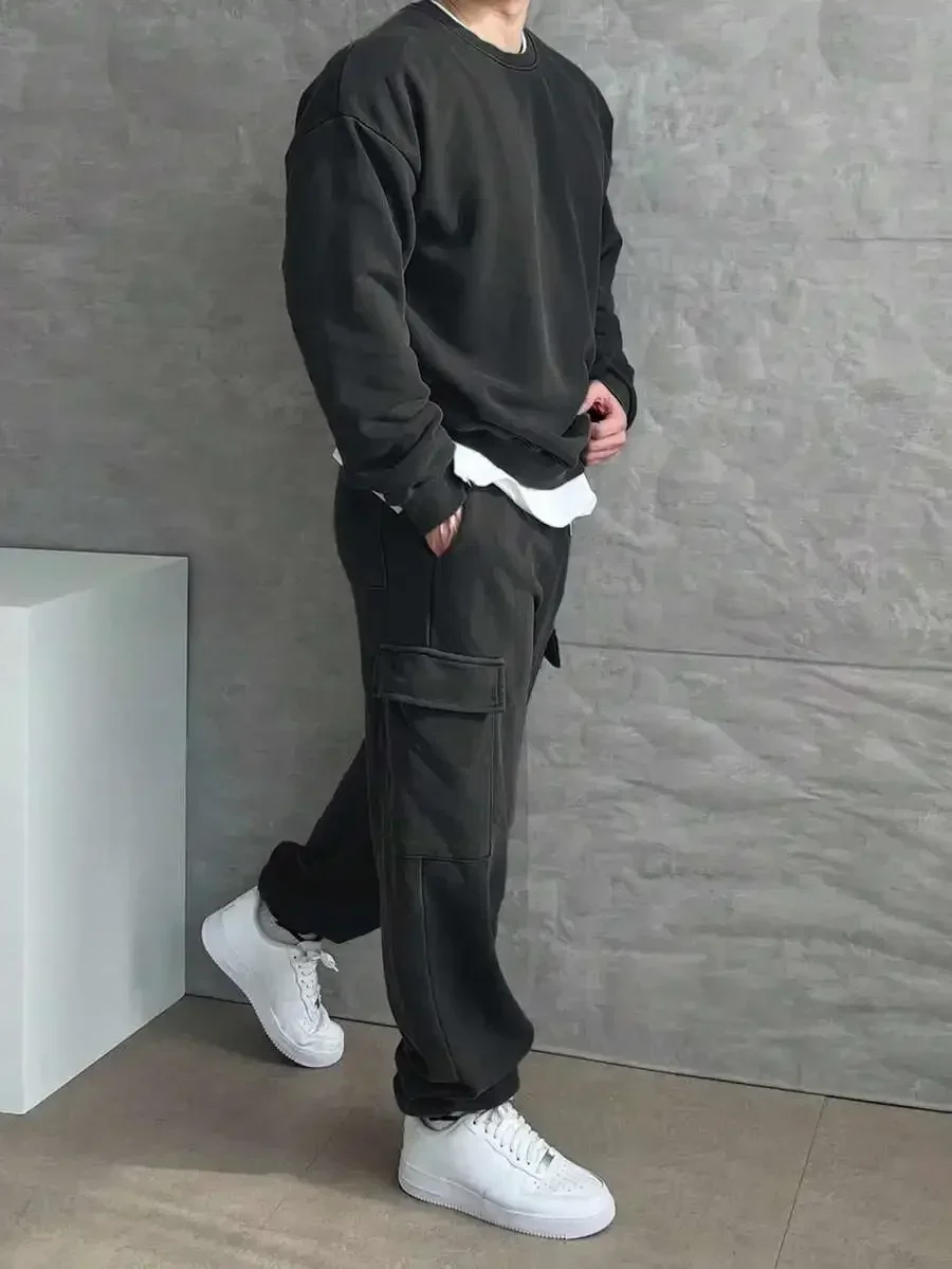 

Mens Fleece Pullover And Cargo Pants Set With Elastic Waist Large Pockets Dark Grey Autumn Winter Cozy Outfit