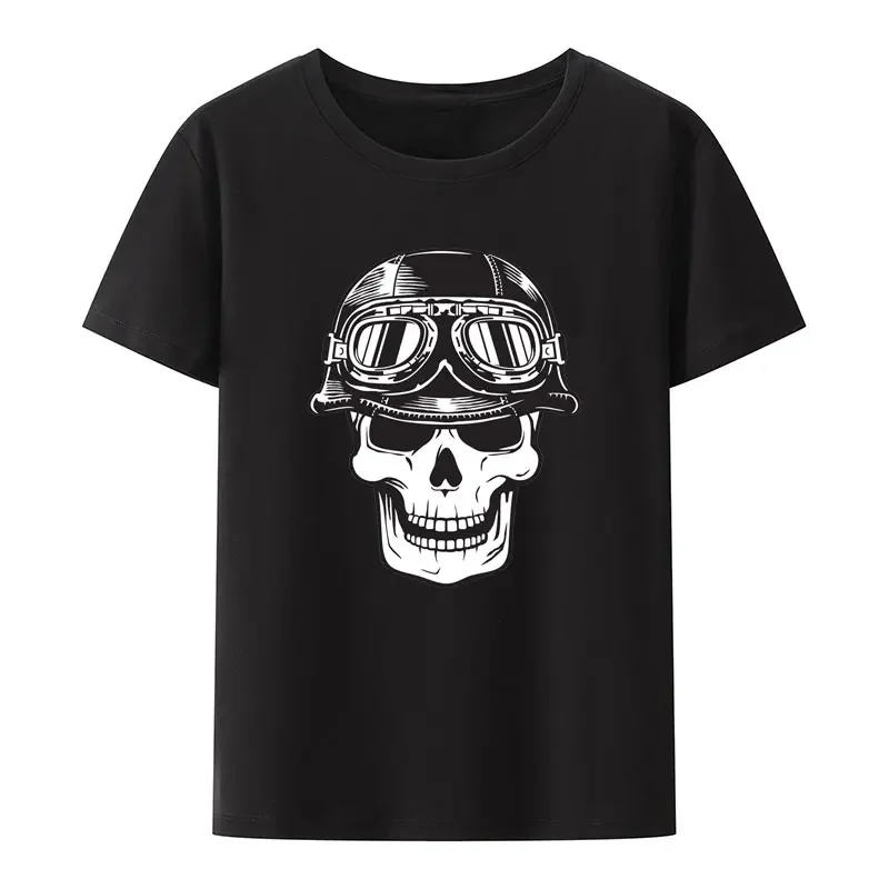 Retro Men Biker Skull with Motorcycle Helmet and Googles Modal T Shirt Creative Summer Short Sleeve Loose Breathable Print Tees