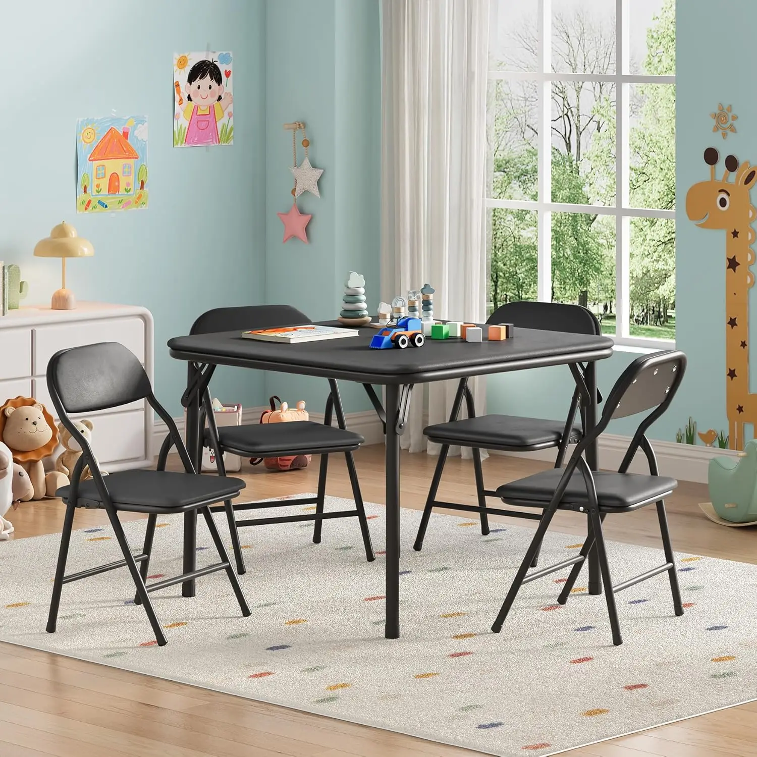 5-Piece Kids Folding Table and Chairs Set, Square Table | Foldable Children's Activity Table & Chair Set, Upholstered Chairs, Waterproof PU Top, No Assembly, Toddler Furniture, Black view 2