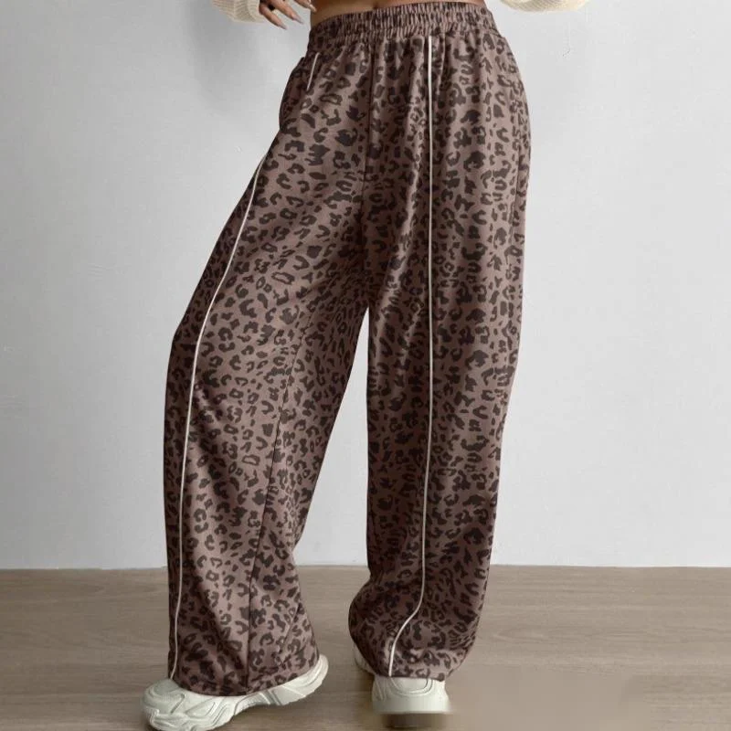 Leopard Print With White Stripe Decoration Loose Pants Women Casual Elastic Waistband Sport Hip Hop Street Fashion Sweatpants