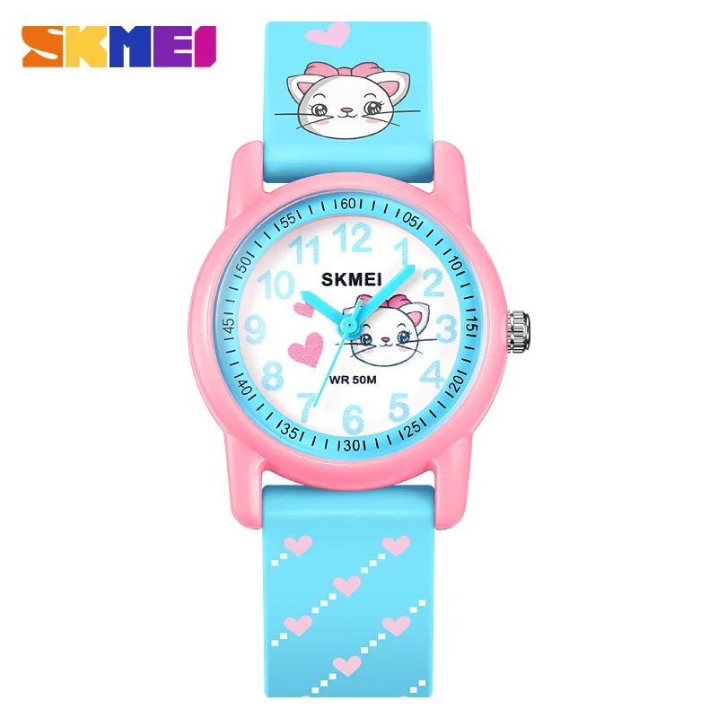 Skmei schöne Cartoon-Stil Quarzuhr Kinder Mode bunte Macaron TPU Band Uhren Junge Mädchen ultra dünne kleine Zifferblatt Uhr