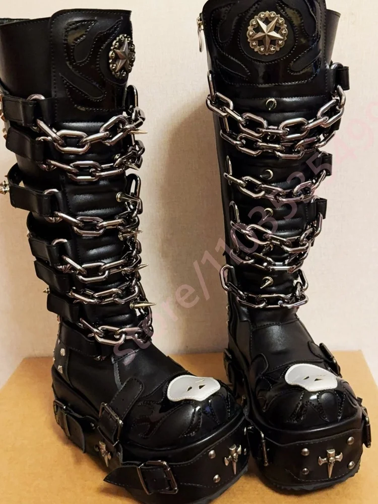 

Мотоциклетные ботинки в стиле панк-рок с металлической цепочкой и заклепками, новинка 2026, толстая подошва, круглый носок, пряжка ремня, готические ботинки, уличная мода, сценические ботинки Y2K