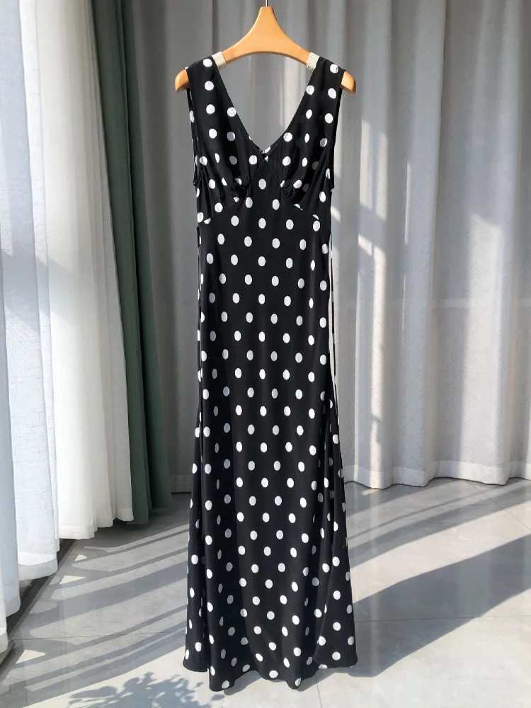 SuyaDream, Woman Maxi Dress, 100%Real Silk, Bias cut, Dots Printed Long Dresses, 2025 Spring Summer Clothes, Black