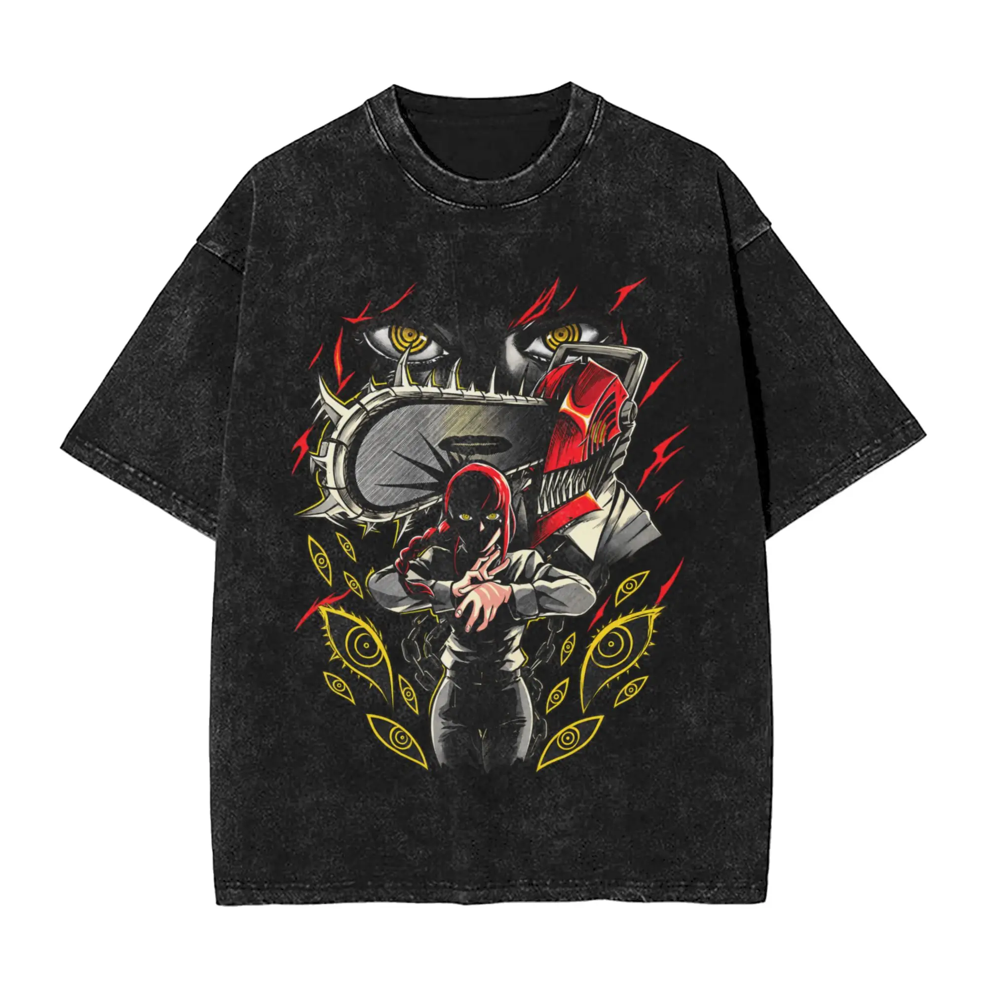Chainsaw Man Anime Makima Control Devil Public Safety Manga Washed T Shirt Men T Shirts Summer O Neck Tees Loose Plus Size Tops