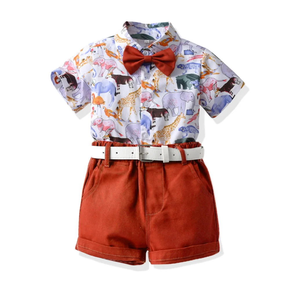 Conjunto de camisa de manga curta infantil e calções de gravata borboleta, roupa de lapela cerimonial menino, vestido elegante, verão